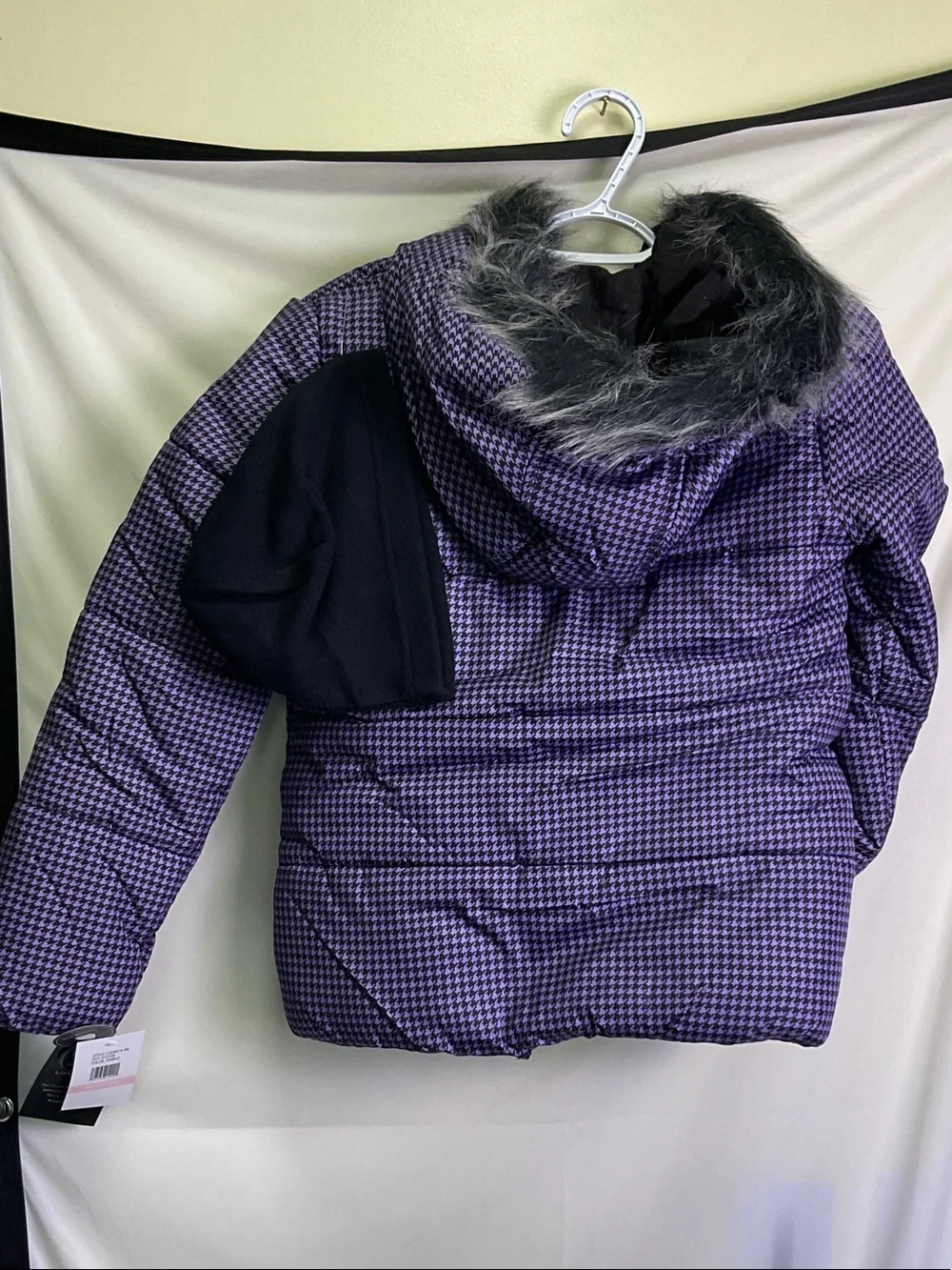London Fog Girls Purple Houndstooth Puffer Coat with Faux Fur Hood and Beanie